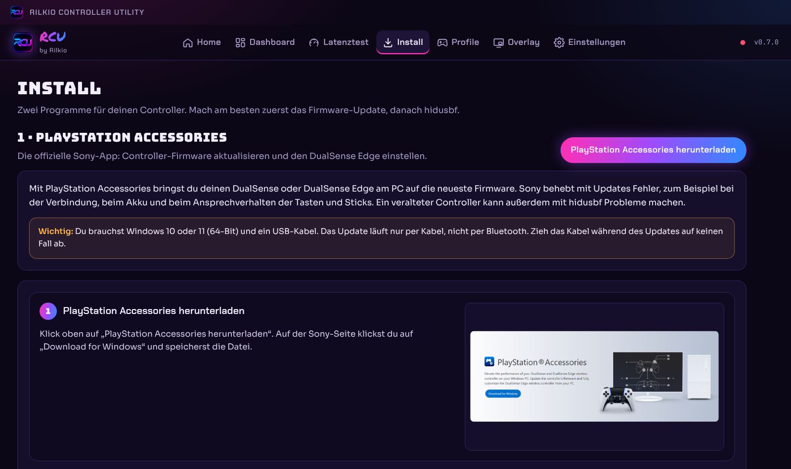 RCU-Install-Bereich mit Anleitung für PlayStation Accessories