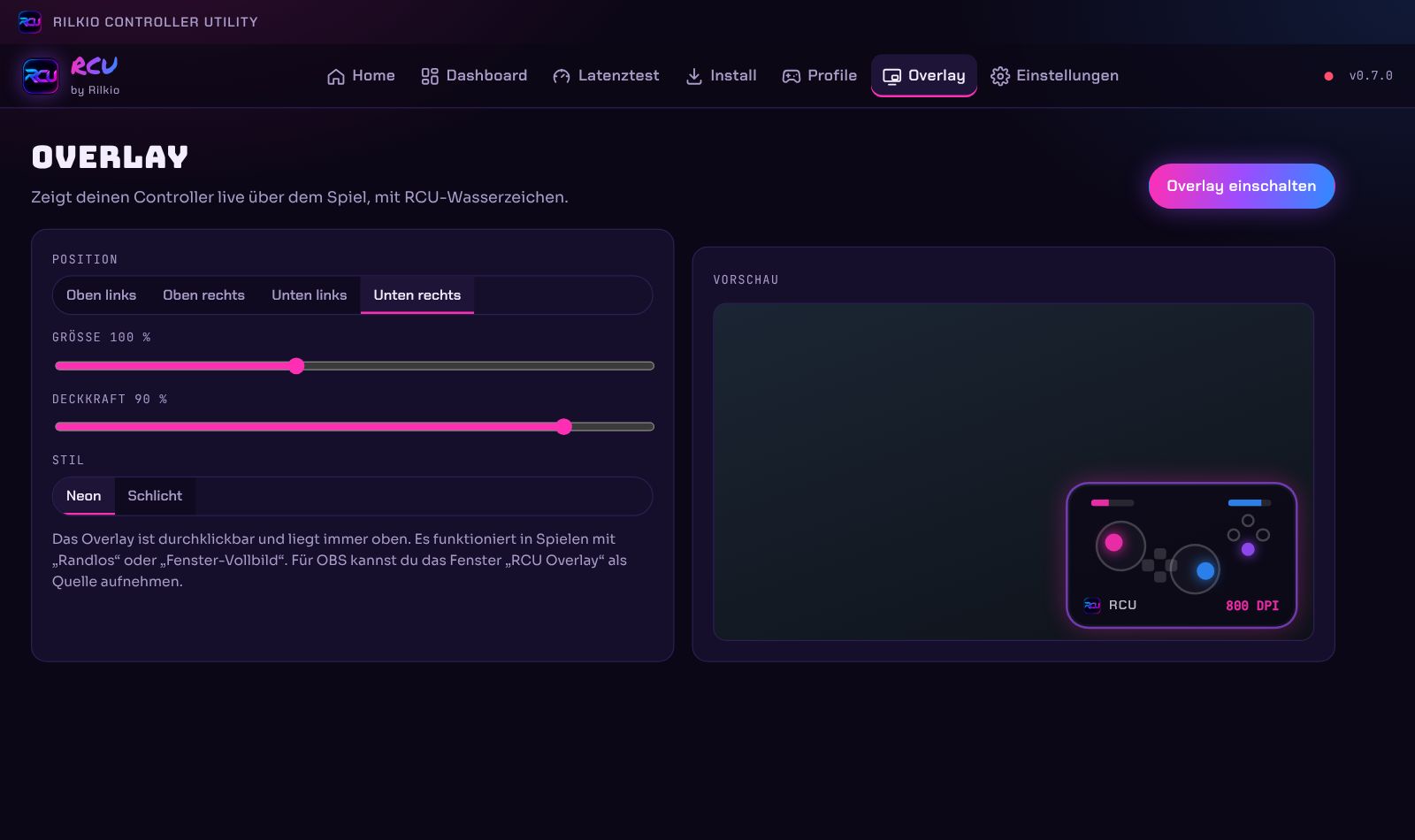 RCU-Overlay-Einstellungen mit Vorschau des Controller-Overlays